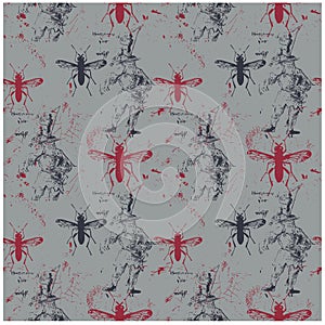 Insect world historic vintage worn out seamless pattern
