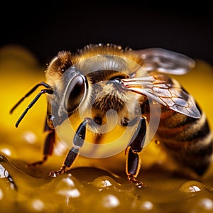 insect yellow gold macro bee pollen nature background honeyed honey closeup. Generative AI.