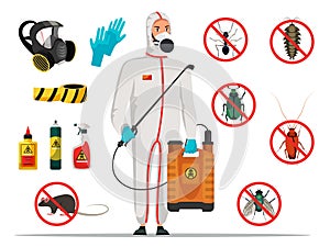 Insectologist disinfector and equipment vector set photo