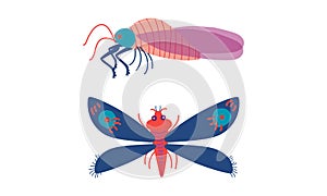 Insects as Hexapod Flying Creature with Jointed Legs and Pair of Antennae Vector Set