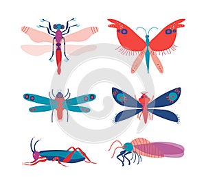 Insects as Hexapod Flying Creature with Jointed Legs and Pair of Antennae Vector Set