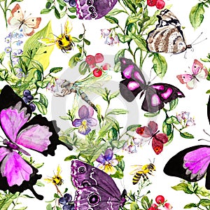 Insects - butterflies, bees, dragonfly in field flowers, summer berries, wild herbs, meadow grass. Seamless background