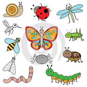 Insects in cartoon style. Vector illustration, design elements