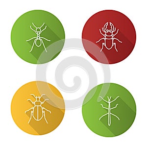 Insects flat linear long shadow icons set photo
