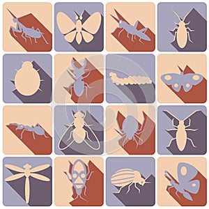 Insects icons set with shadows