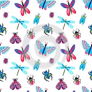 Insects seamless pattern. Cartoon doodle bright colorful butterfly and dragonfly, hand drawn moth and beetle, ladybug and bug,