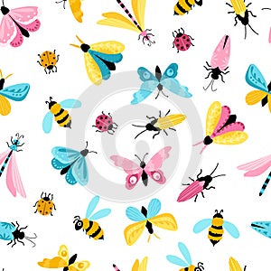 Insects seamless pattern. Colorful hand-drawn butterflies, dragonfly and beetles in a simple childish cartoon style