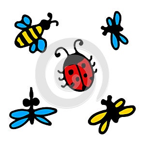 Insects set in cartoon style. Mosquito, bee, fly and ladybug on an isolated white background. Nature, forest holidays, camping.