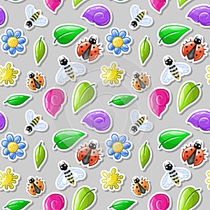 Insects stikers - summer seamless pattern. Nature kids background