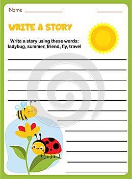 Insects theme writing prompt for kids blank. Educational children page. Develop fantasy and compose stories skills