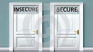 Insecure and secure as a choice - pictured as words Insecure, secure on doors to show that Insecure and secure are opposite