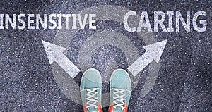 Insensitive and caring as different choices in life - pictured as words Insensitive, caring on a road to symbolize making decision photo