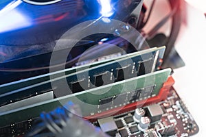 the inserting plug in the ram ddr memory card in the computer mainboard, random access memory
