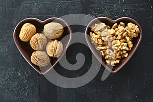 Inshell walnuts in a heart-shaped plate. Heart Nuts, Heart Health Products, Structured Walnuts Healthy food protein