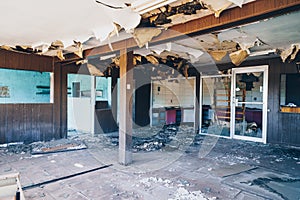 Inside an abandoned and decaying restaurant diner along Route 66 in Glenrio Texas