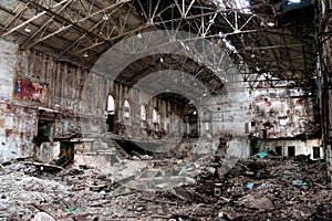 Inside abandoned sugar factory of red brick