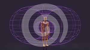 Inside abstract teleportation station. Future technologies concept. Man in a magnetic field. Dark purple vivid background. 3D Rend