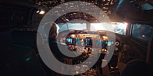 Pilot operating controls inside airplane cockpit view