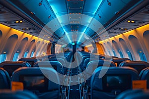 The inside of an airplane is lit up with blue lights