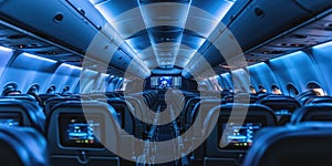The inside of an airplane is lit up with blue lights