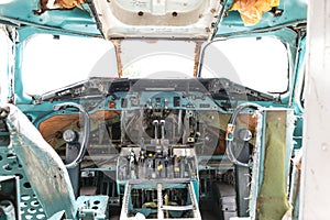 Inside airplane wreckage cockpit