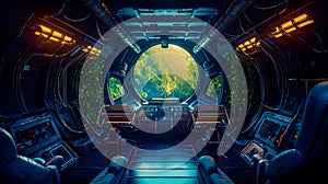 The inside of an alien spaceship with view of the jungle. Generative AI