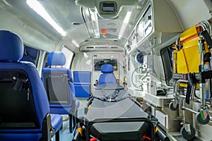 Inside an ambulance car with medical equipment