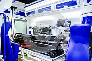 Inside an ambulance car with medical equipment