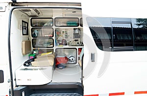 Inside an ambulance with medical equipment . Car for patient refer