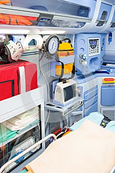 Inside the ambulance, view from the sanitary compartment.