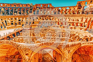 Inside the amphitheater of Coliseum in Rome- one of wonders of the world  in the morning time