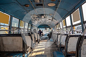 Inside of asian bus with empty seats