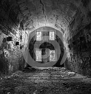 Inside Austrian fortress Landro in the Dolomite Alps of South Tirol, an architectural remain of the border disputes between