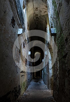 Inside Austrian fortress Landro in the Dolomite Alps of South Tirol, an architectural remain of the border disputes between