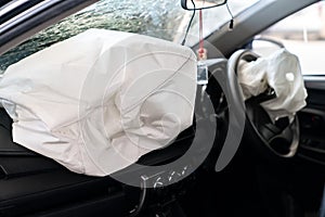 Inside Automobile, Airbag exploded at a car after the accident. Driver and Passenger Air Bags Deployed