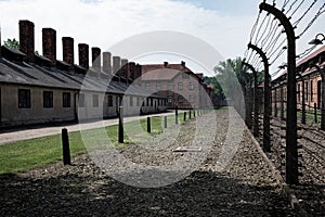 Inside the barbed wire fence at the Nazi Concentration Camp Auschwitz