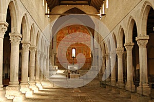 Inside of a basilica with roman mosaic floor