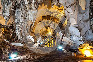 Inside Beautiful Cave with Stairway and Lighting