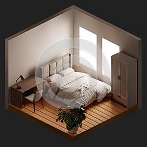 Inside bedroom isometric view with minimal style background. Home and decor concept. 3D illustration rendering