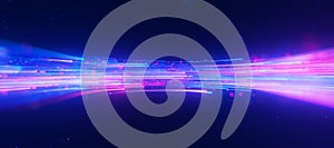 Inside Bigdata light speed data flow. Abstract digital data stream of quantum computing. Cyberspace of qubit trails