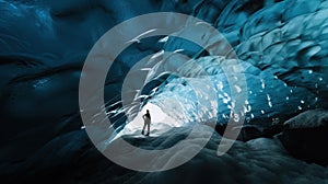 Inside a Blue Glacial Ice Cave in The Glacier Background