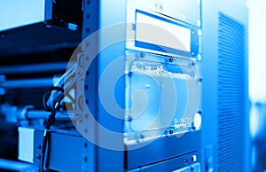 Inside blue high performance workstation computer background