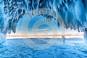 Inside the blue ice cave with couple love at Lake Baikal, Siberia, Eastern Russia