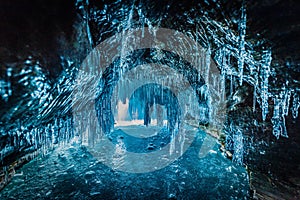 Inside the blue ice cave with couple love at Lake Baikal, Siberia, Eastern Russia