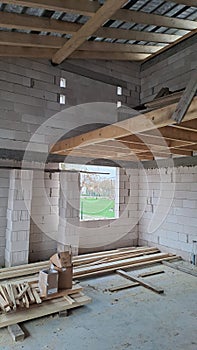 Inside the bungalow with loft under construction.