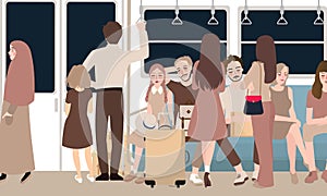 Inside busy train full of passenger commuter standing and sitting people