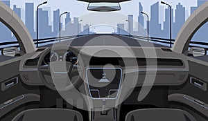 Inside car driver view with rudder, dashboard front panel and highway in windshield cartoon highway vector illustration
