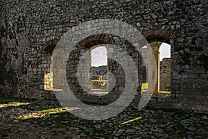 Inside the castle - view of the ancient castle`s arches, Shkoder, Albania