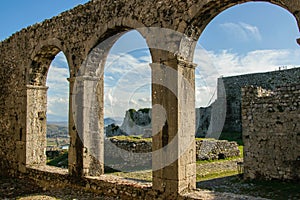Inside the castle - view of the ancient castle`s arches, Shkoder, Albania