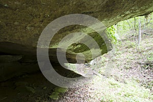 Inside a cave looking out